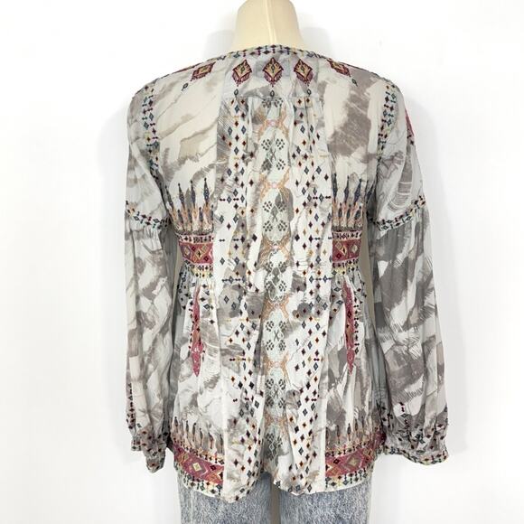 Johnny Was Deliza Silk Embroidered Long Sleeve Tunic Top Blouse Gray Boho XS - Picture 7 of 13